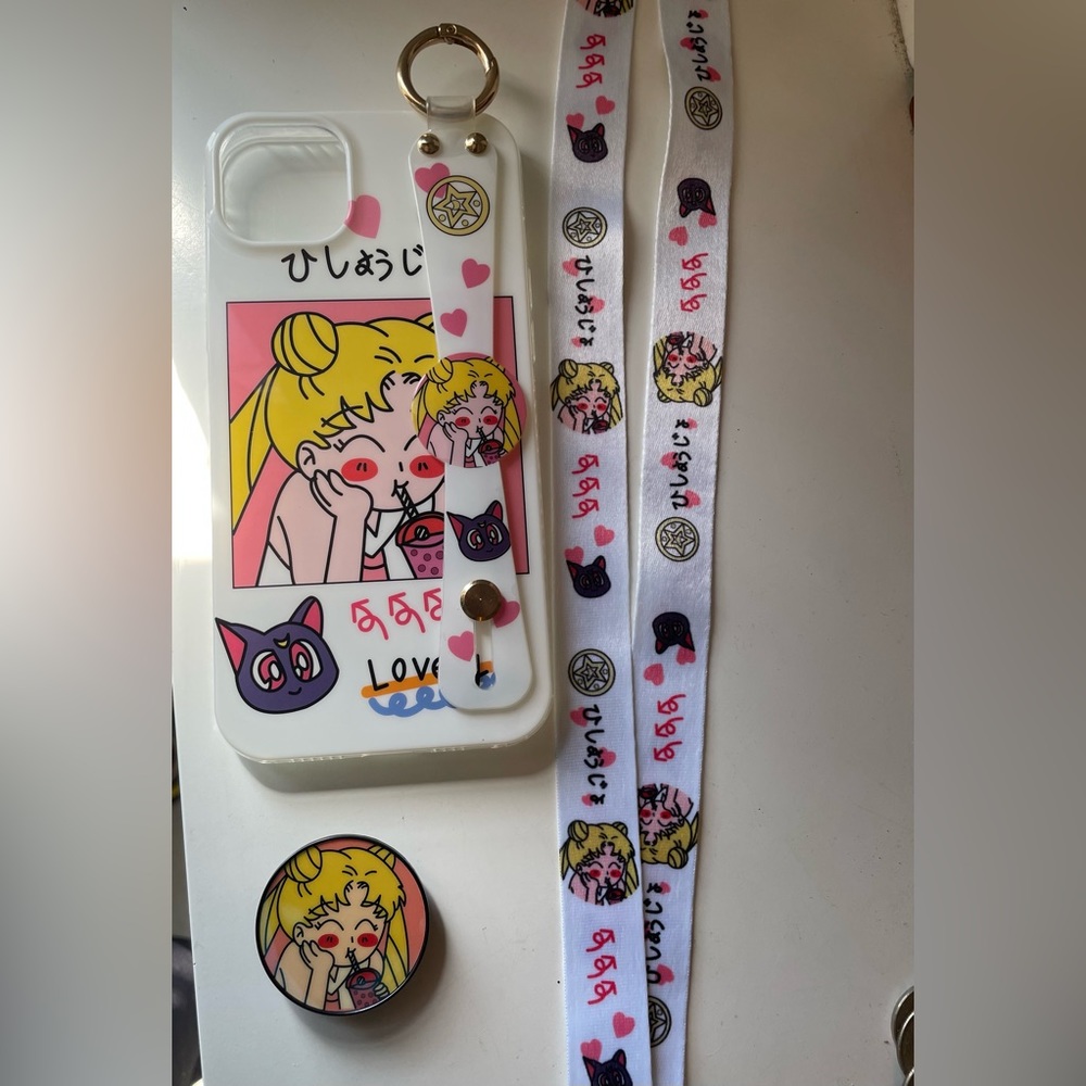 Sailor moon iPhone 14 plus case with lanyard and pop socket